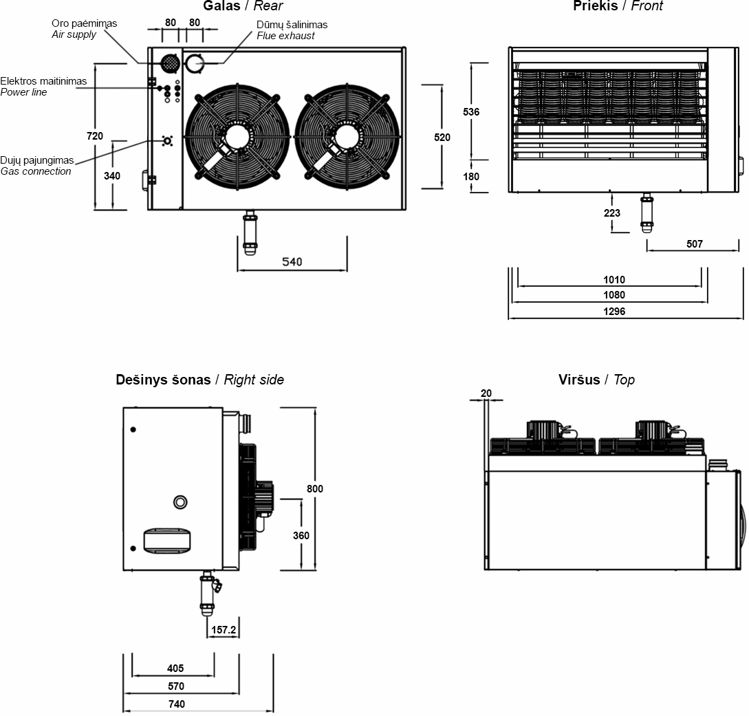 Condensing gas heater G100 dimensions